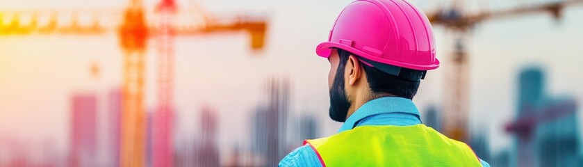 Leinwandbilder - Dedicated arab construction worker wearing safety gear and engaged in building project in an urban construction site