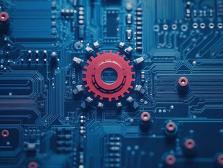 Poster - Bright red gear wheel positioned on a complex circuit board representing technology and mechanical engineering