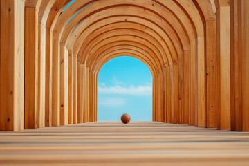 Poster - Elegant wooden archway with central ball highlighting beautiful design and craftsmanship in architectural construction