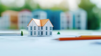 Poster - Detailed architectural blueprint featuring a house design alongside a pencil and a scale model for new building planning