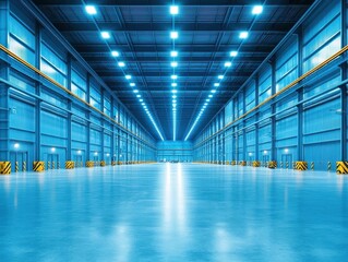 Poster - Expansive view of a large warehouse featuring highbay lighting and industrial architecture in a commercial setting