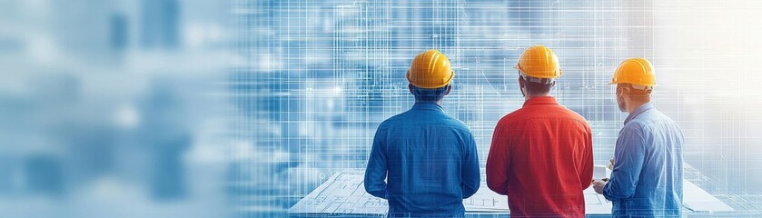 Poster - Two men in hard hats analyzing blueprint plans for a building project in a construction environment