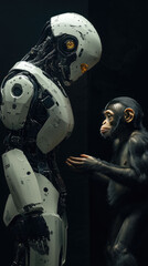 Poster - Advanced AI humanoid robot interacting with a chimpanzee, exchanging a symbolic gesture, representing artificial intelligence, evolution,the connection between technology  nature i