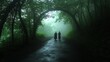 © 5914 - Mysterious Foggy Path: Two Figures Walking Through a Mystical Forest