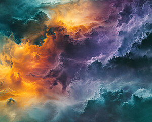 Poster - Abstract image of swirling, textured clouds in teal, purple, orange hues, suggesting a cosmic or ethereal landscape, ideal for design backgrounds