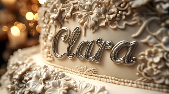 A cake with a flowery design and the name Clara written in silver letters