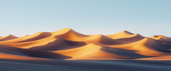 Poster - Golden sand dunes under a clear sky, showcasing the desert landscape's texture and light patterns, symbolizing serenity, vastness, and adventure