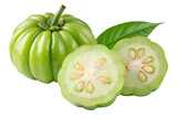 A fresh vibrant garcinia cambogia fruit cut open revealing its delicate seeds presented against a stark black backdrop highlighting its natural form and texture clean studio shot with sharp focus
