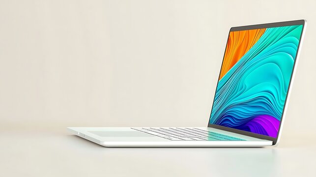 Sleek white laptop angled on surface, displaying vibrant abstract artwork