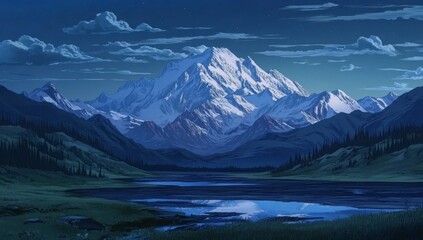  Majestic snow-capped mountain reflected in tranquil lake at twilight