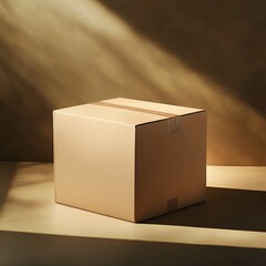 Aufkleber - Beige cardboard box on light surface, sunbeams