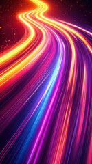 Aufkleber - Abstract neon light trails in vibrant motion, forming dynamic curved lines against a black background, symbolizing high-speed technology,futuristic data flow, digital communication. Banner. Copy space