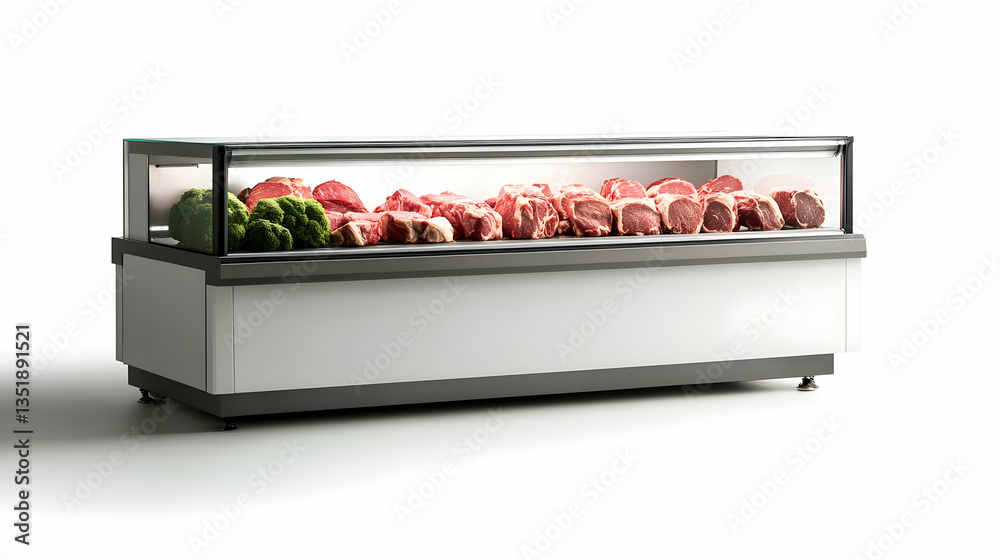 Meat display case with various cuts of beef and broccoli, studio shot ...