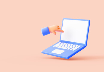 Poster - 3D illustration of a hand pointing at a blue laptop with a blank screen, symbolizing technology, digital work, and online communication.  