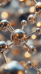 Poster - Close-up of metallic molecule model, reflecting light, showcasing a complex structure against a blurred background, symbolizing science, technology, or connection