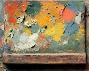 Poster - Textured palette with multicolored oil paint strokes, showcasing a rustic wooden bar at bottom, ideal for artistic or creative concepts, offering free space for text or logo