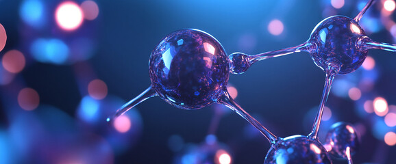 Poster - Close-up of a molecule model, glassy spheres connected by thin rods, illuminated with blue and pink light, suggesting scientific research, technology, or innovation