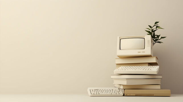 Retro computer on books, minimalist office, plant, beige background, website design