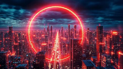 Poster - Futuristic city skyline with glowing circle and vibrant lights