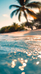 Poster - Close-up of turquoise water surface with golden bokeh, blurred palm tree background, suggesting tranquility and summer vacation concept