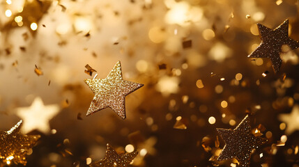 Poster - Golden glitter stars and confetti falling in a blurred background creating a festive atmosphere