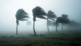 A minimalistic image of palm trees bending in a strong wind amidst a foggy landscape
