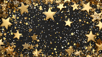 Poster - Golden stars and confetti scattered on a black background creating a festive atmosphere for celebration
