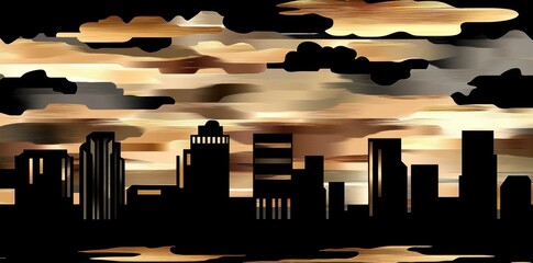 Wall Mural - Silhouetted city skyline with abstract stylized clouds in the sky