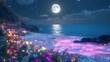 © Aikin - Full Moon Glow Over Ocean Beach with Flowers and Sparkles