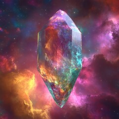 Poster - A large multifaceted crystal floats amidst a colorful galaxy scene