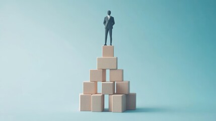 Poster - Businessman standing on wooden blocks in a minimalist setting
