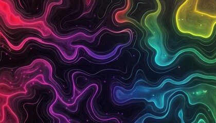 Poster - Abstract neon topographic design with glowing lines in vibrant colors on a dark background, resembling a futuristic map