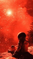 Wall Mural - an astronaut sits and observes the vast and glowing red universe