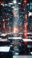 Poster - A long hallway with reflective surfaces and vibrant illuminations