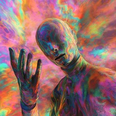 Poster - Abstract figure in a psychedelic environment is reaching its hand forward