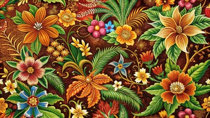  Traditional Malaysian Batik with intricate floral patterns in vibrant colors featuring motifs of tropical flowers and lush greenery on a rich brown background , floral motif, batik pattern