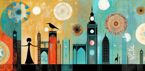 Wall Mural - Abstract art piece featuring silhouettes and decorative architectural elements