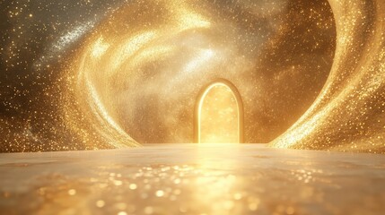 Poster - A luminous golden space has a glowing arched doorway