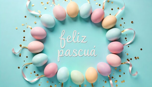 easter eggs arranged in circle on a light blue background, adorned with golden confetti and ribbons, with the Spanish text greeting feliz pascua easter banner for website header generative ai