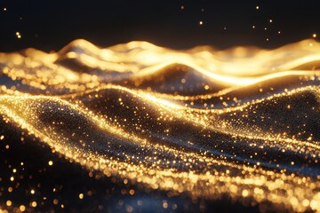 Poster - Glowing particles creating undulating waves with a dark background