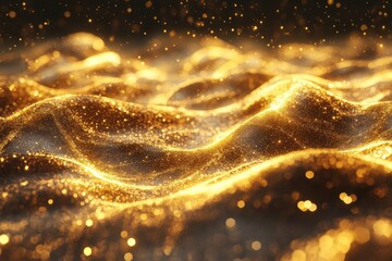 Poster - Shiny particles creating wavy textures with warm yellow gold tones