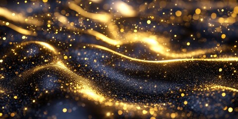 Poster - Sparkling golden particles shining across a dark wavy surface beautifully