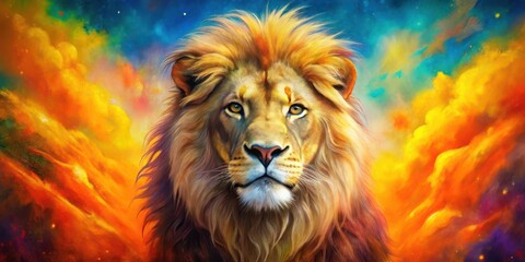  Regal lion on a colorful background with vibrant shades of orange and yellow, majestic creature, bold illustration