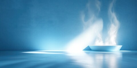 Poster - Abstract Light Reflections on Blue Wall Soft Pastel Background for Product Presentation with Blurred Shadows