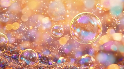 Poster - Beautiful sparkling bubbles floating around a glittering surface environment