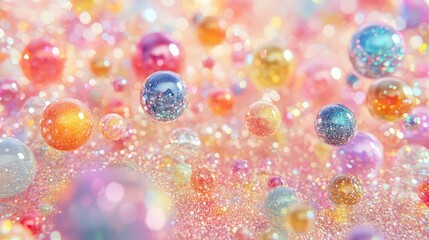 Poster - Colorful glittering spheres scattered on a pink glitter surface