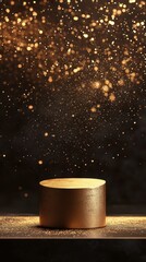 Canvas Print - A golden cylindrical podium with sparkling glittering lights is shown