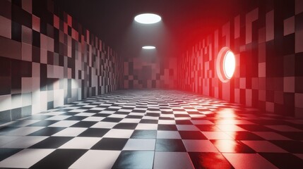 Poster - A long hallway featuring a checkered floor and cube tiles
