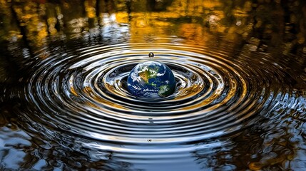 Wall Mural - Serene and tranquil depiction of a single water droplet merging with a ripple on the surface with the Earth s sphere subtly reflected inside the droplet