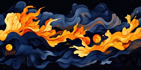Wall Mural - Abstract painting with flowing vibrant colors and celestial elements